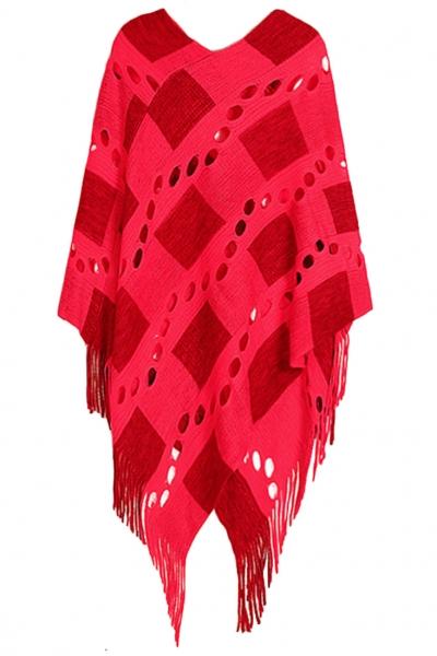 Oasap Chic Plaid Hollow Out Tasseled Poncho