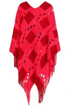 Oasap Chic Plaid Hollow Out Tasseled Poncho