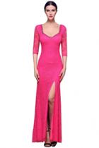 Oasap Elegant Maxi Rhinestones Evening Lace Dress With Back Cutout