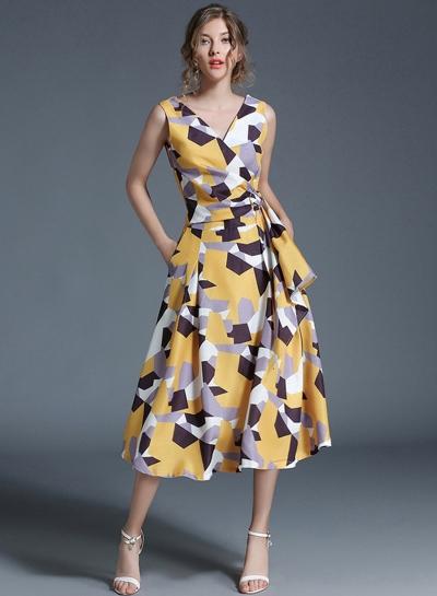Oasap V Neck Sleeveless Geometric Print Slim Dress