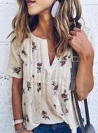 Oasap Casual V-neck Loose Fit Floral Printed Tee Shirt