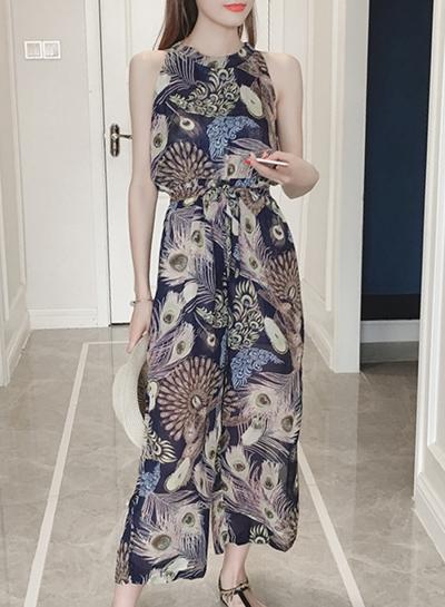 Oasap Sleeveless Peacock Printed Wide Leg Jumpsuit With Belt