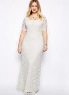 Oasap White Dress Round Neck Cut Out Plus Size Lace Dress