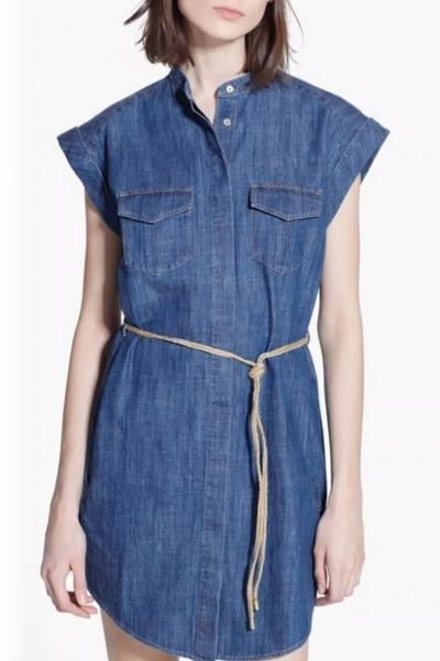Oasap Simple Short Sleeve Button Down Denim Dress