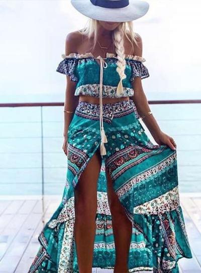 Oasap Boho Crop Top Maxi Skirt 2 Piece Outfit