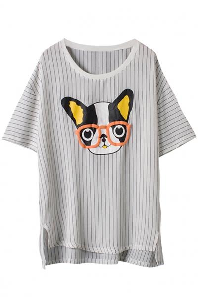 Oasap Brilliant Dog Print Striped High Low Blouse