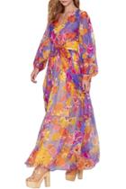 Oasap Stylish Floral Print Deep V Tie Waist Maxi Chiffon Dress