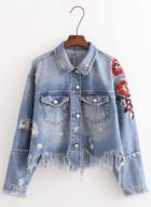 Oasap Turn Down Collar Denim Floral Embroidery Raw Edges Coat