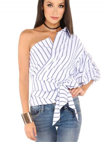 Oasap One Shoulder Tie Front Striped Blouse
