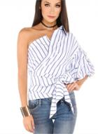 Oasap One Shoulder Tie Front Striped Blouse