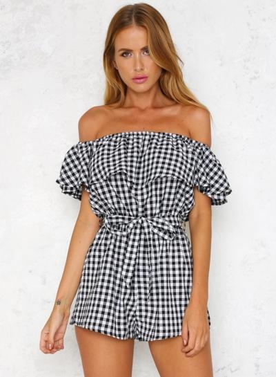 Oasap Off Shoulder Ruffle Plaid Tie Waist Romper