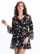 Oasap V Neck Long Sleeve Floral Print Hollow Out Mini Dress