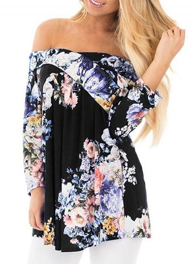 Oasap Off Shoulder Long Sleeve Floral Loose Blouse
