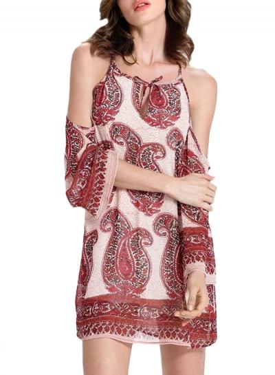 Oasap Women's Casual Cut Out Shoulder Long Sleeve Print Mini Dress