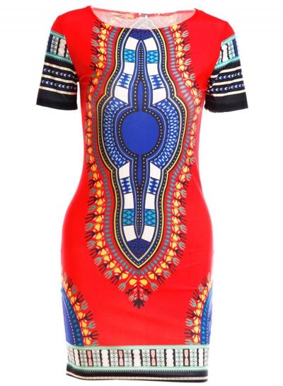 Oasap Short Sleeve Tibal Print Bodycon Mini Dress