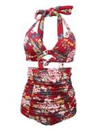 Oasap 2 Piece Floral Printed Halter Top High Waist Bottom Swimwear