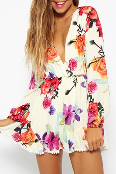 Oasap Gorgeous Floral Print Long Sleeve Rompers