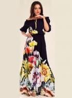 Oasap Floral Off Shoulder Half Sleeve Elastic Waist Maxi Dress