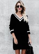 Oasap V Neck Long Sleeve Color Block Knit Mini Dress