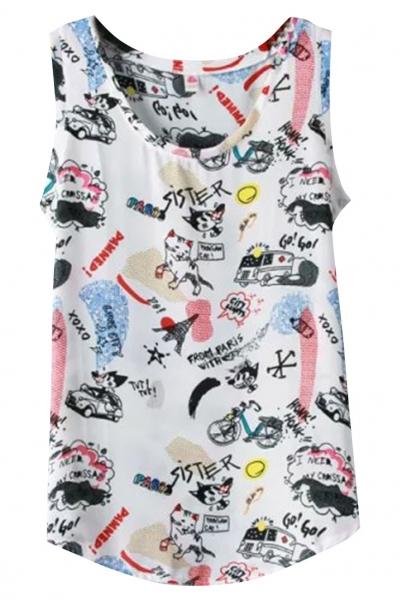 Oasap Sweet Cartoon Print Chiffon Tank Top