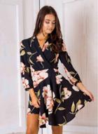 Oasap Fashion V Neck 3/4 Sleeve Floral Irregular Mini Dress