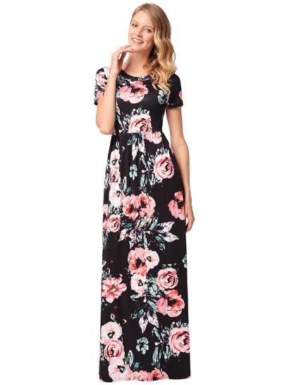 Oasap Floral Printed Short Sleeve Maxi Dress