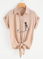Oasap Fashion Short Sleeve Cat Embroidery Tie Front Shirt