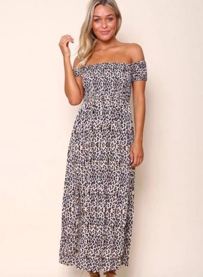 Oasap Off Shoulder Short Sleeve Leopard High Split Maxi Dress