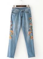 Oasap Mid Waist Floral Embroidery Denim Pants