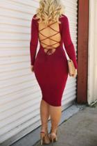 Oasap Burgundy Lace-up Back Round Neck Body-con Dress