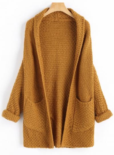 Oasap Solid Color Turn-down Collar Hollow Out Pockets Open Front Sweater