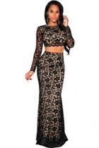 Oasap Black Lace Open Back Long Sleeves Maxi Skirt Set