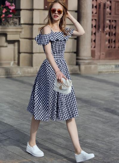 Oasap Spaghetti Strap Plaid Off Shoulder Dresses