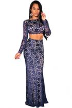 Oasap Purple Lace Open Back Long Sleeves Maxi Skirt Set