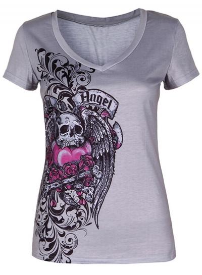 Oasap Hallowmas V Neck Skull Printed Short Sleeve Tee