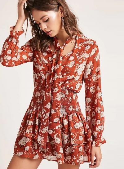 Oasap Floral Printed Long Sleeve Chiffon Collect Waist Dress