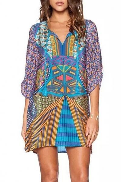 Oasap Vintage Geo-print Lace-up Front Side Slit Chiffon Dress