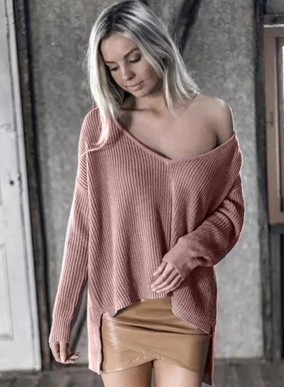 Oasap Knit Long Sleeve Deep V Loose Sweater