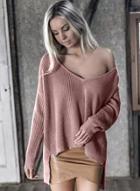 Oasap Knit Long Sleeve Deep V Loose Sweater