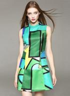 Oasap Fashion Mock Neck Sleeveless Geo Printed A-line Dress