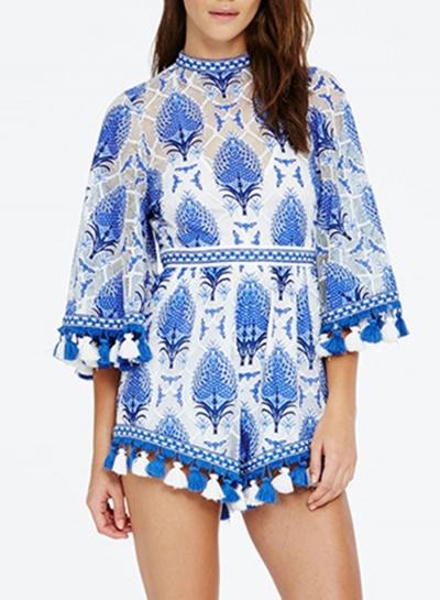 Oasap Flare Sleeve Printed Romper With Tassel