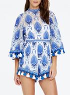 Oasap Flare Sleeve Printed Romper With Tassel