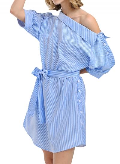Oasap One Shoulder Half Sleeve Striped Dress With Belt