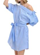 Oasap One Shoulder Half Sleeve Striped Dress With Belt