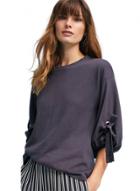 Oasap Solid Color Round Neck Lantern Sleeve Lace Up Tee Shirt