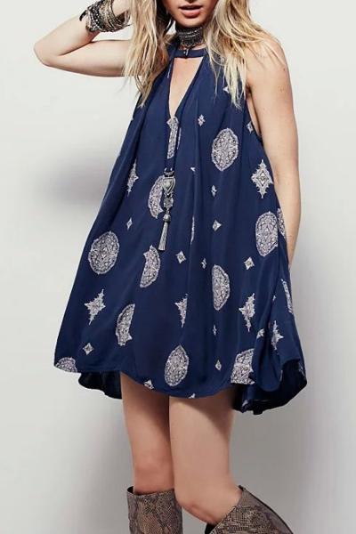 Oasap V Neck Sleeveless Print Tank Tunic Dress