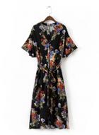 Oasap V Neck Flounce Sleeve Floral Print Midi Dress