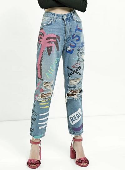 Oasap Fashion Ripped Letter Printed Denim Pants