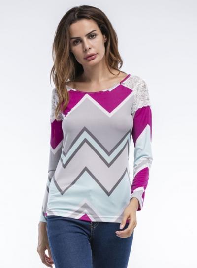 Oasap Fashion Lace Panel Color Block Tee