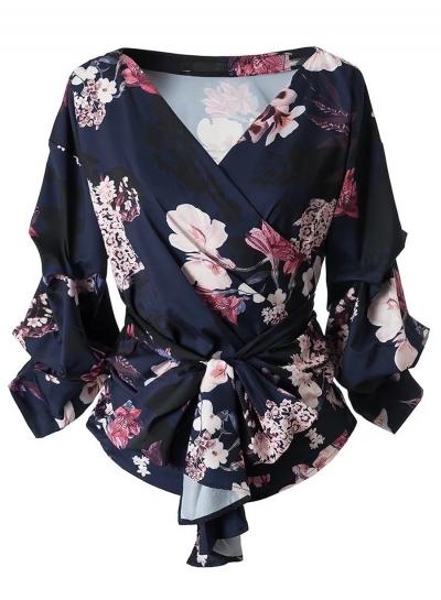 Oasap V Neck Floral Printed Three Quarter Length Sleeve Blouse